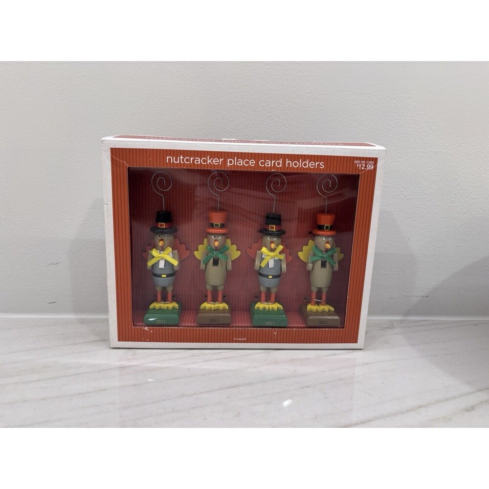 Set of 4 Thanksgiving Turkey Nutcracker Place Card Holders 5.5 Open Box